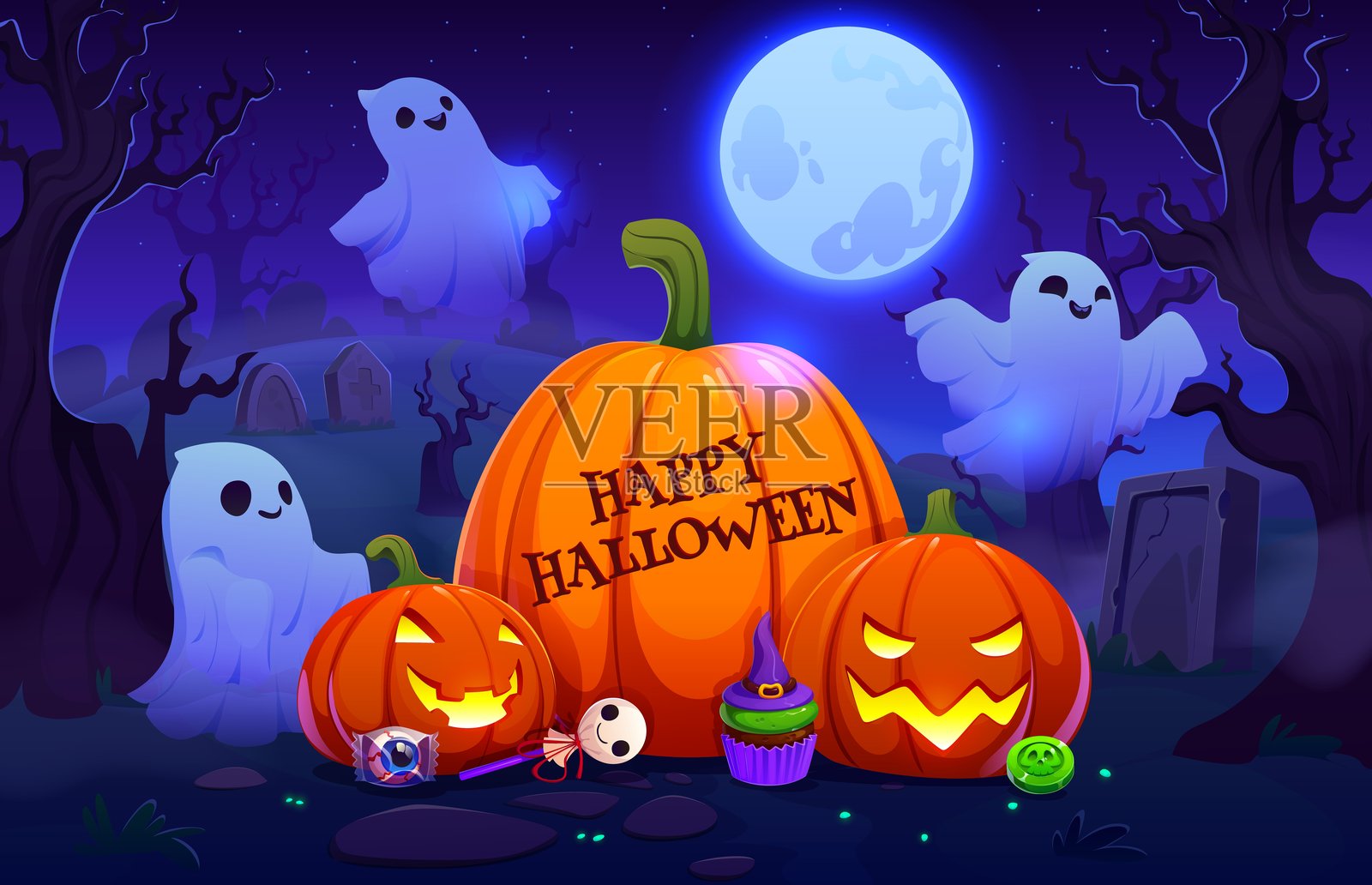 万圣节墓地,有趣的白色幽灵插画图片素材