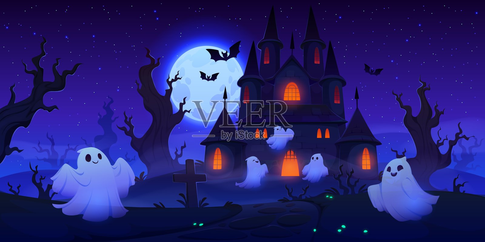 阴森恐怖的万圣节鬼屋,伴有飞翔的鬼魂插画图片素材