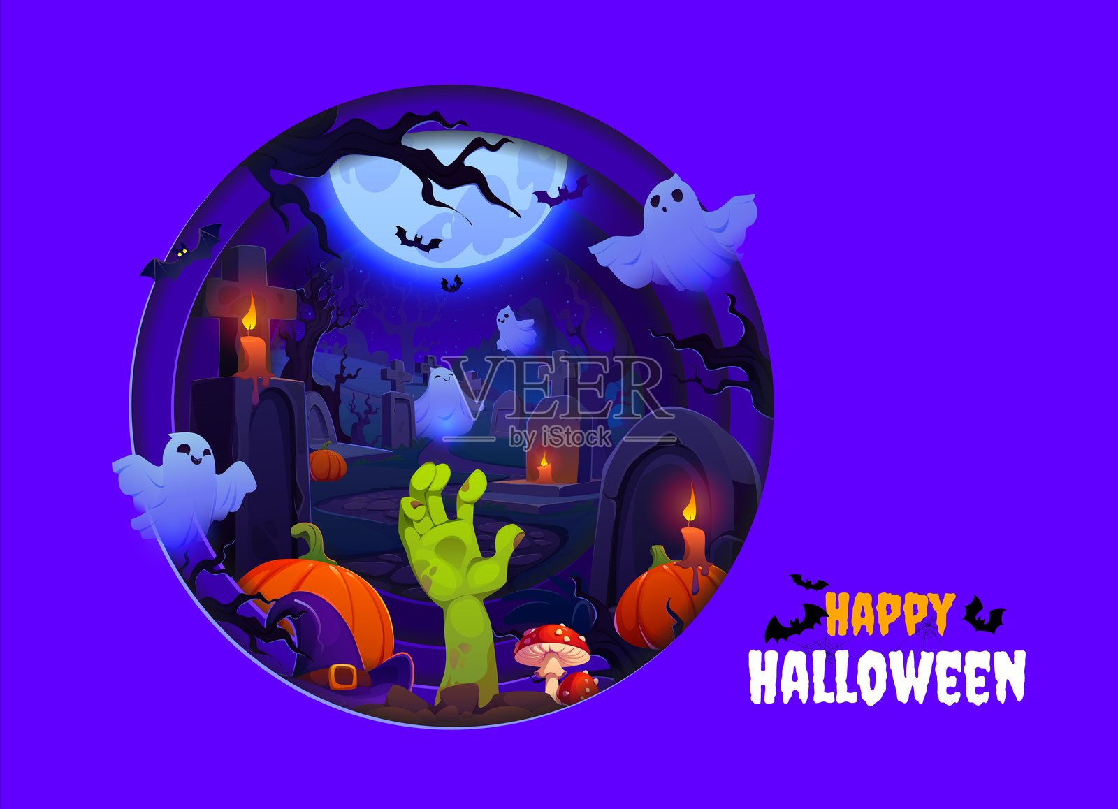 万圣节剪纸墓地、南瓜和鬼魂插画图片素材