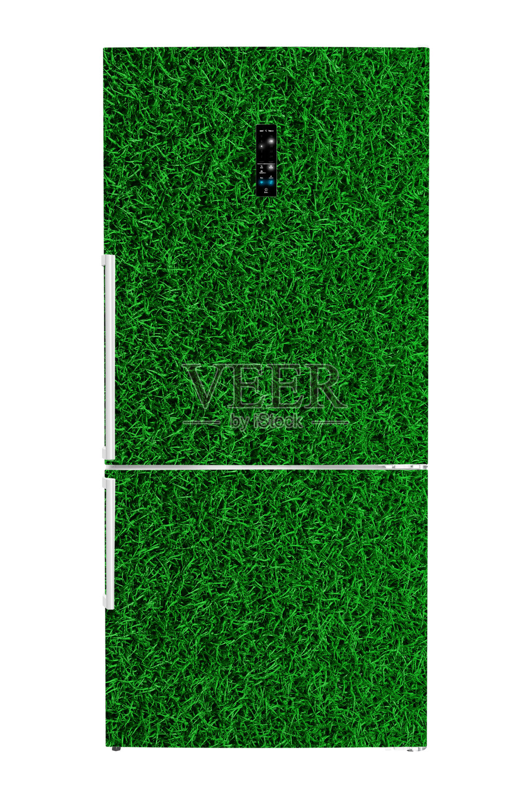 环保冰箱覆盖着绿草,可持续厨房电器概念照片摄影图片