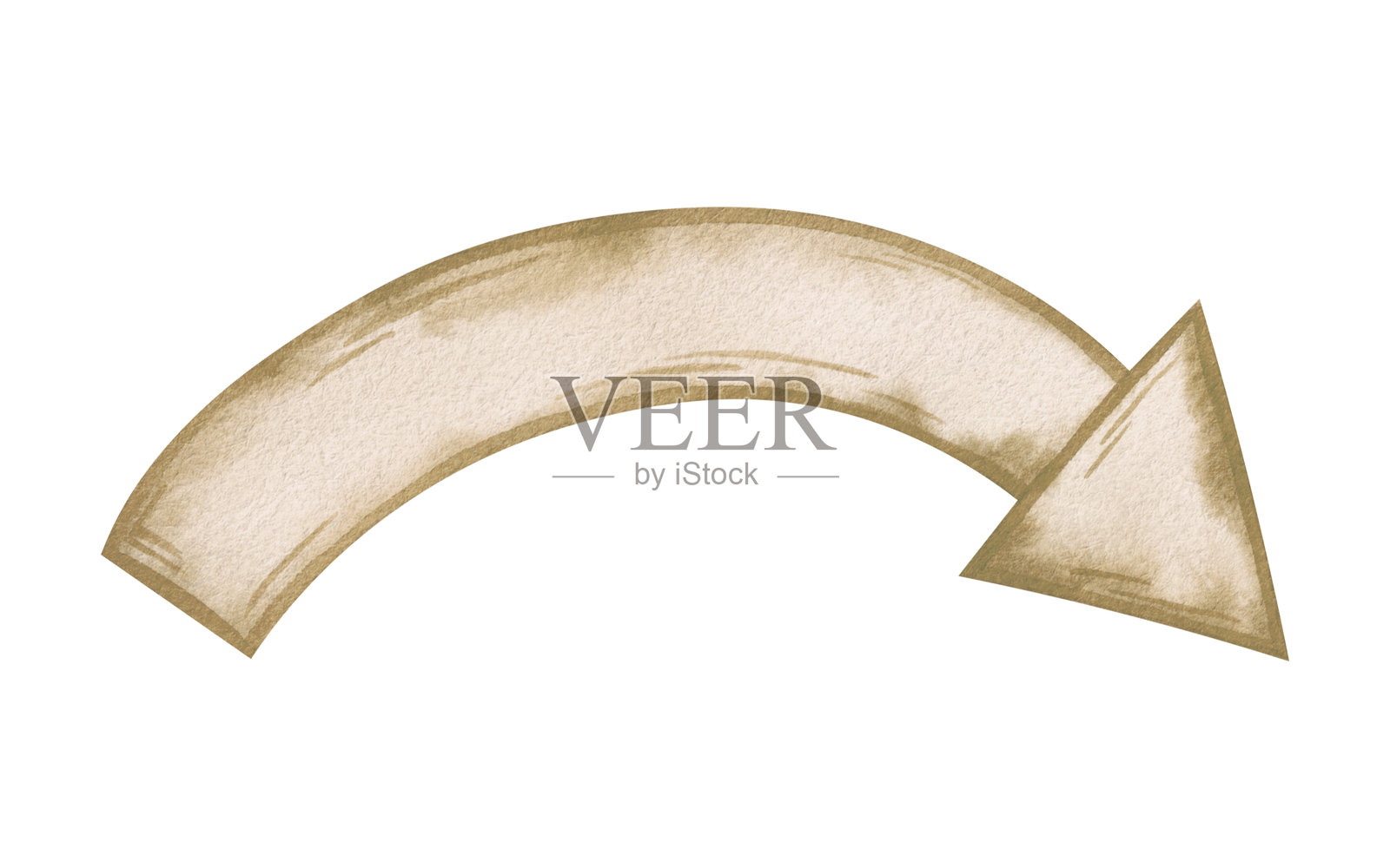 一张复古手绘水彩箭头,采用温暖的米色调,弯曲并展示从一点到另一点的前进运动。适合地图、寻宝岛屿和带有文本块的图表。孤立的。插画图片素材