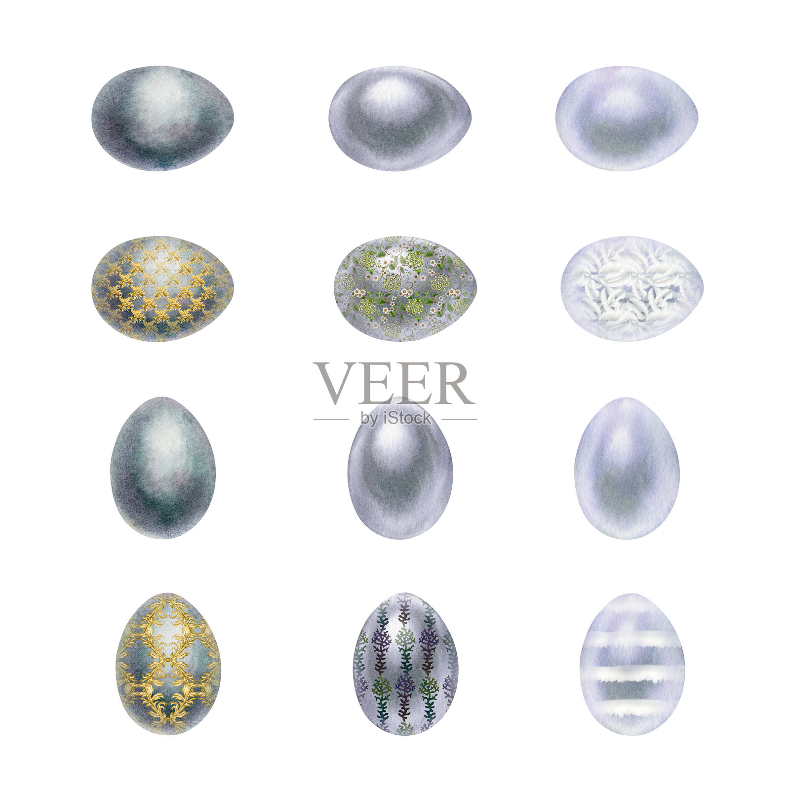 珍珠灰水彩复活节彩蛋。一套写实风格的单色和装饰性手绘彩蛋插画,在白色背景上,非常适合复活节设计素材、邀请函插画图片素材