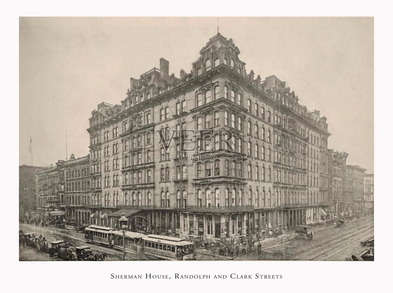 谢尔曼大厦,兰道夫街和克拉克街,芝加哥历史照片,伊利诺伊州,摄于1892年插画图片素材
