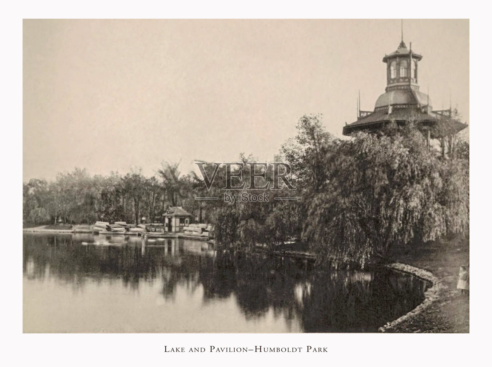 湖泊与凉亭,洪堡公园,芝加哥历史照片,伊利诺伊州,摄于1892年插画图片素材
