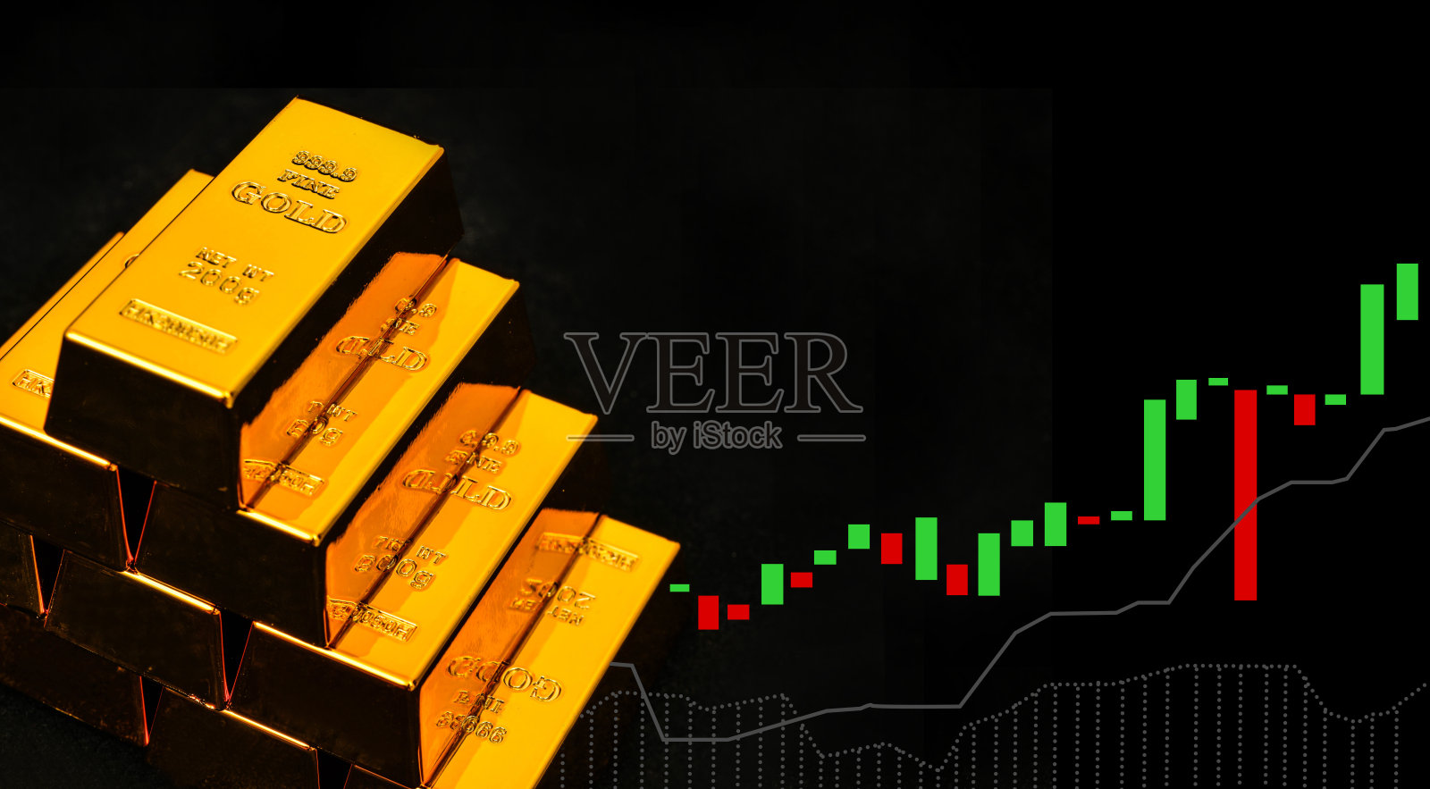 金色金条堆叠和蜡烛图在黑色背景上照片摄影图片