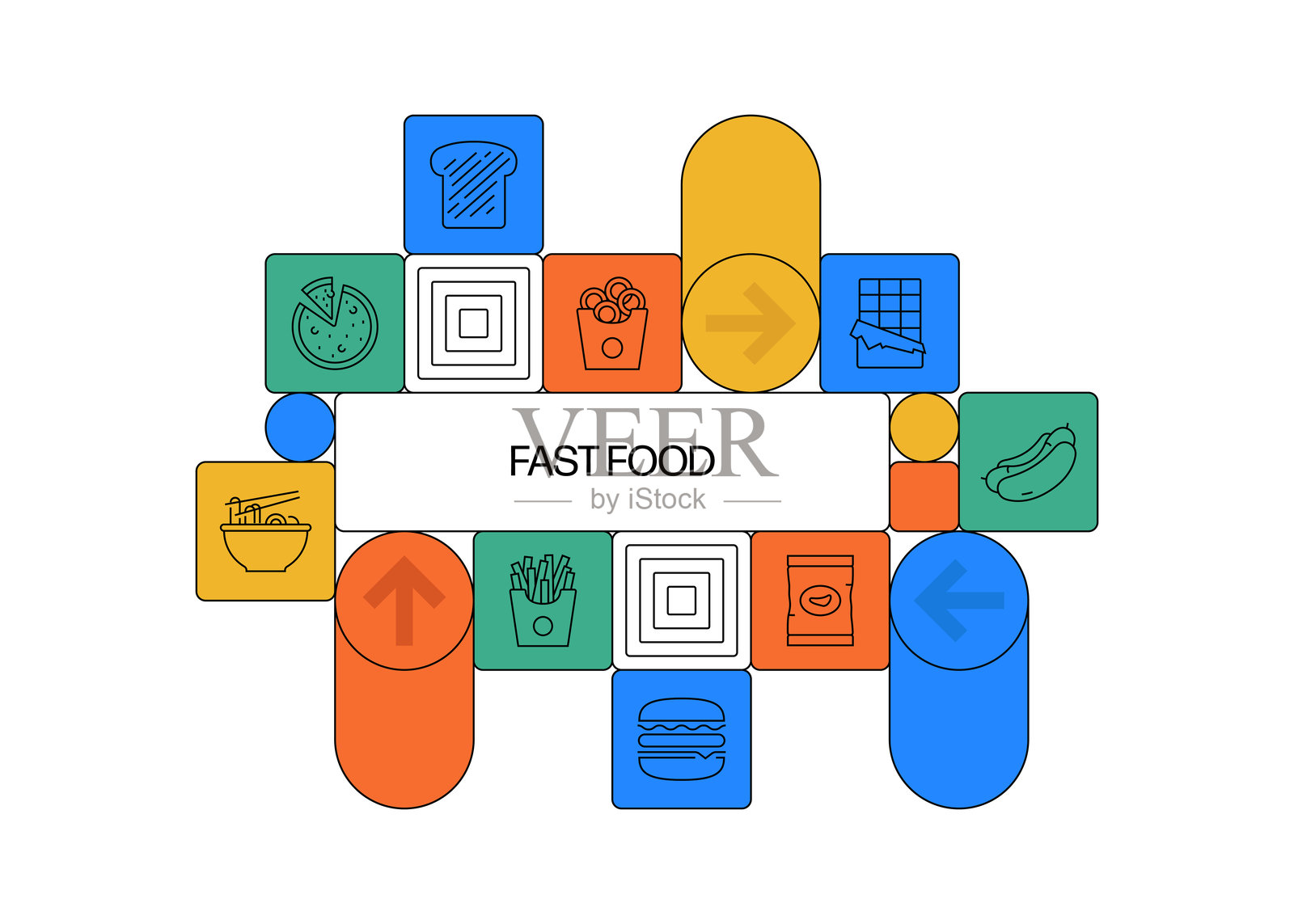 快餐主题矢量插画。汉堡包、芝士汉堡、面条、热狗、三明治、披萨插画图片素材