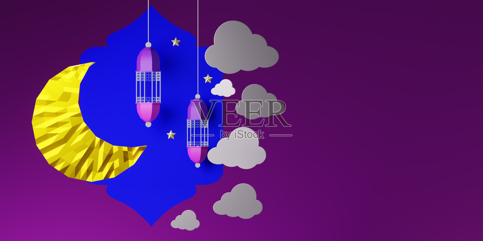 伊斯兰问候,斋月吉祥卡片设计背景,配有精美灯笼和新月。3D渲染。照片摄影图片