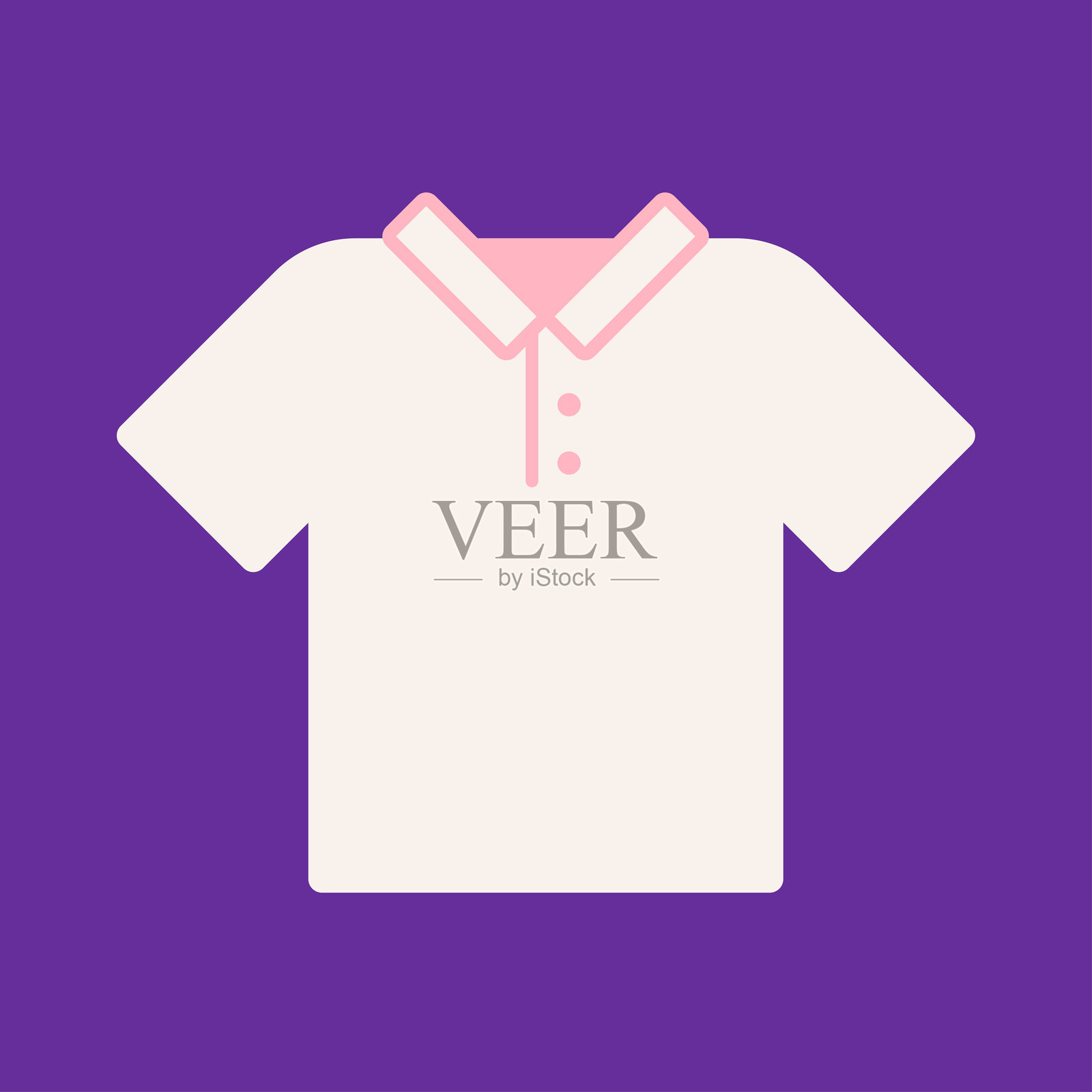 矢量插画,孤立在明亮的紫色背景上。带有短袖的V领高尔夫衬衫图标。白色Polo衫是运动服装。网球装备的平面标志插画图片素材