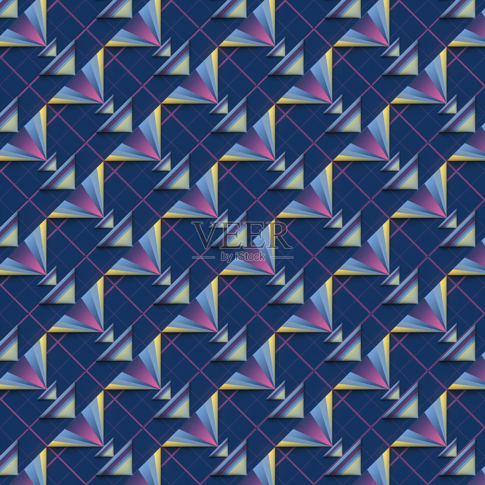 深蓝色背景上的彩色条纹锥体。3D渲染数字插画照片摄影图片