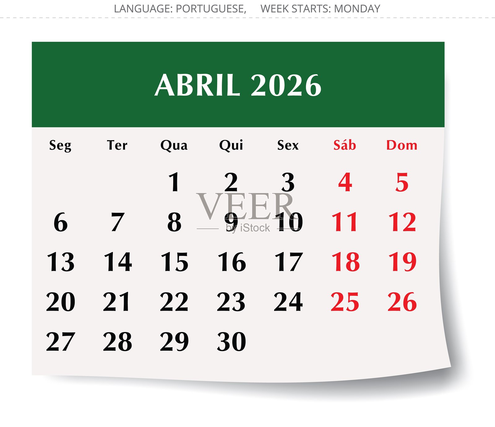 2026年4月葡萄牙日历 – 四月。矢量插画插画图片素材