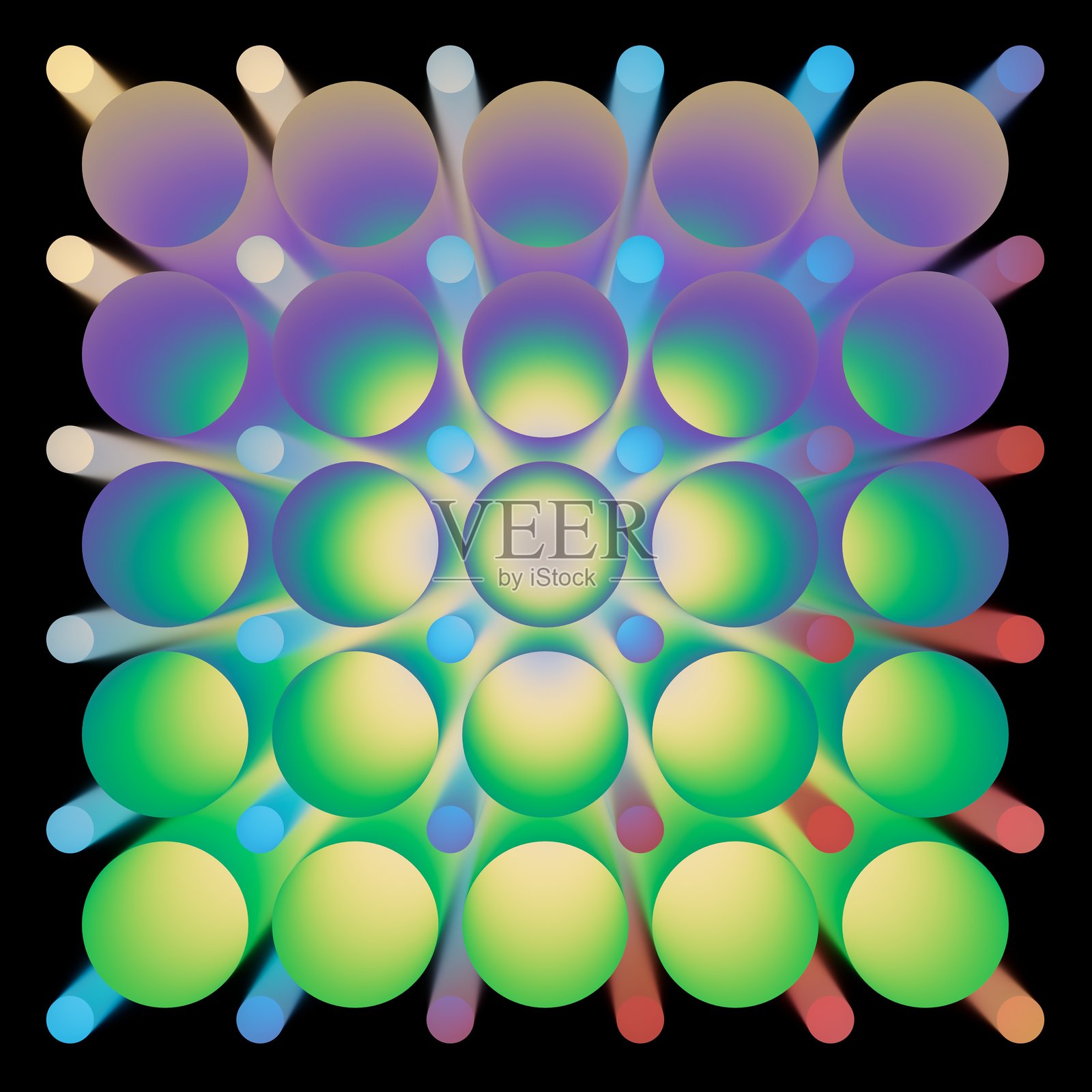 抽象背景。柔和的霓虹灯管从中心点向外辐射,背景为黑色。三维渲染插图。照片摄影图片