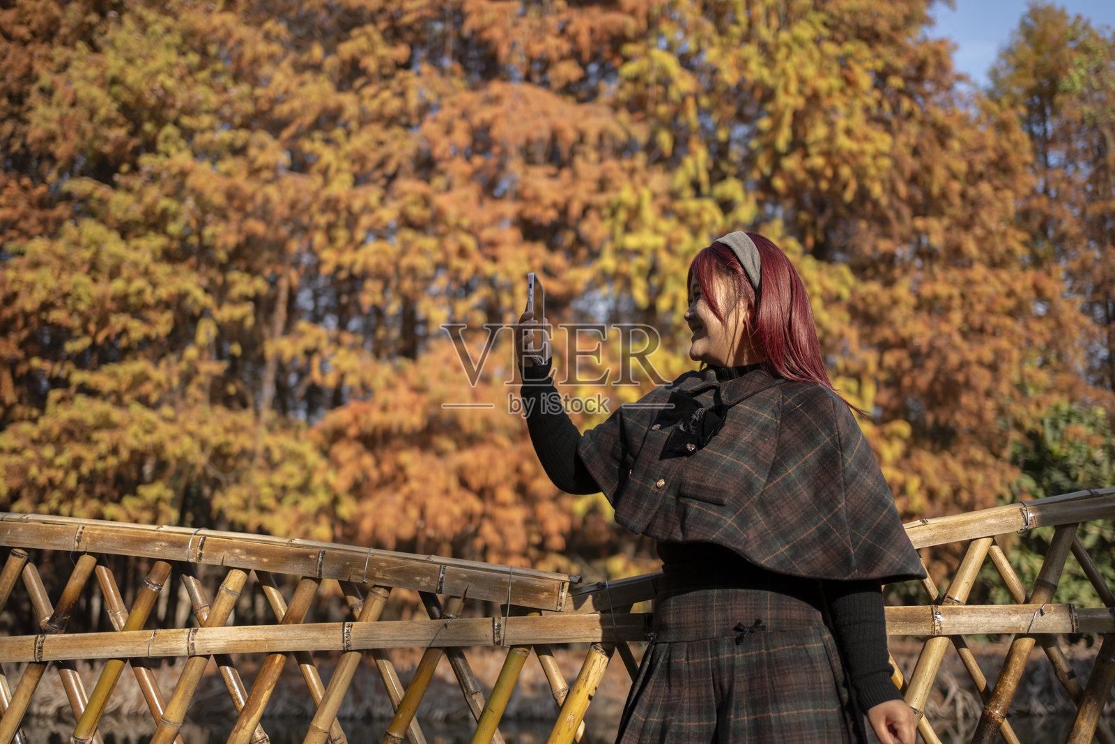 一位美丽的女子在森林里使用手机照片摄影图片