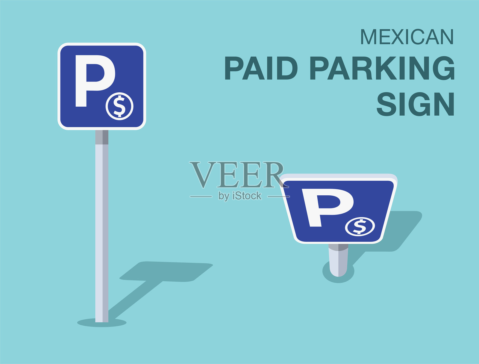 交通规则。孤立的墨西哥“付费停车”路标。正面和俯视图。矢量插图模板。插画图片素材