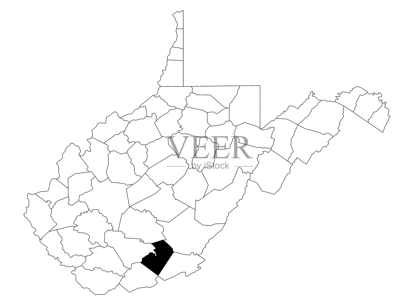 美国西弗吉尼亚州萨默斯县地图,背景为白色。西弗吉尼亚州地图上用黑色突出显示了单独的县地图。插画图片素材