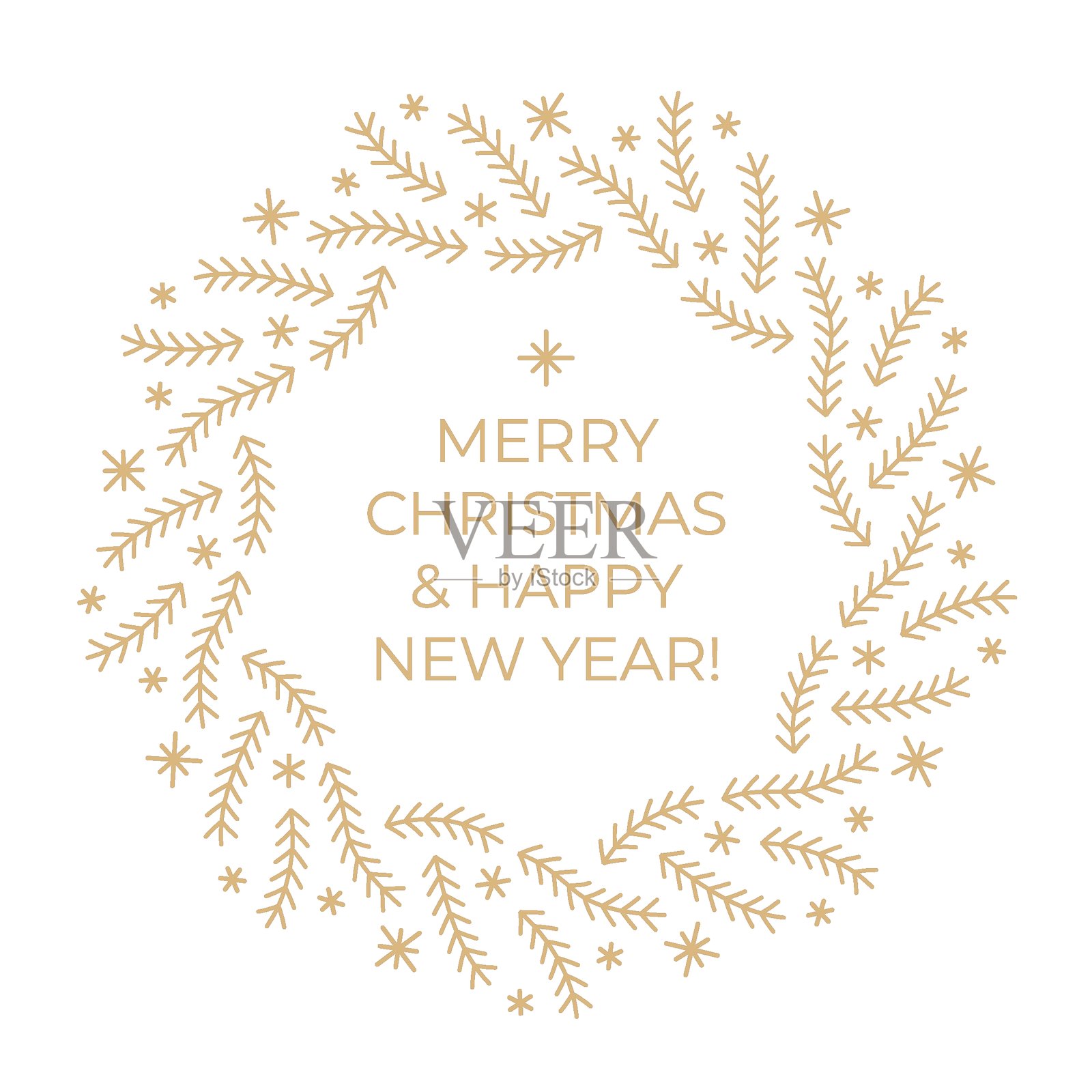 装饰艺术风格金色线条圣诞花环。新年贺卡边框。奢华复古冷杉枝、星星、雪花。插画图片素材