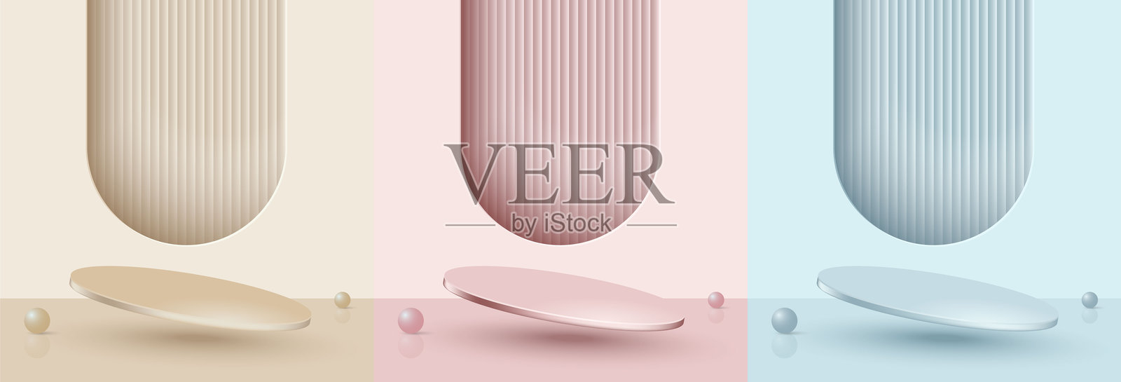 用于产品展示的矢量抽象3D形状渲染,带有现代金色圆形底座、复制空间、框架周围的灯光和红色窗帘背景插画图片素材