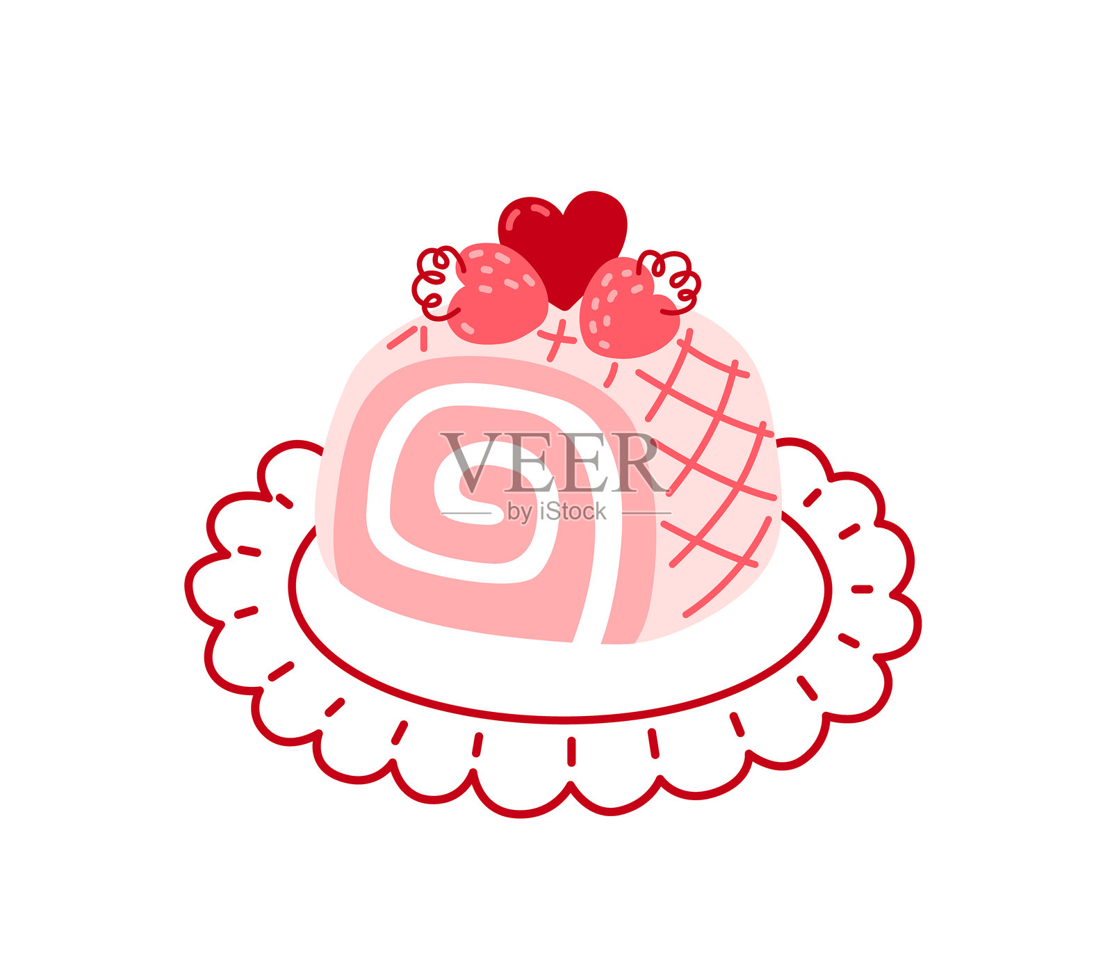 草莓瑞士卷。粉色蛋糕。浪漫节日甜点,适合情人节或纪念日。手绘矢量图。插画图片素材