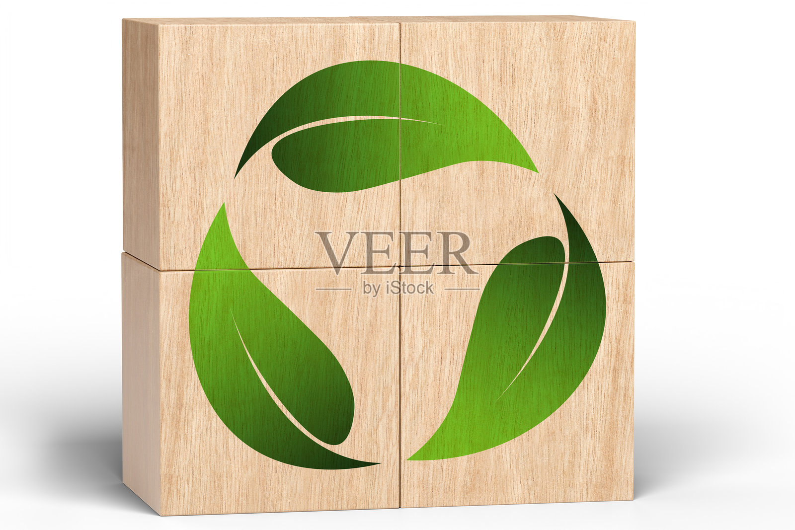 带有绿色叶子回收标志的木块,体现友好和废物管理理念照片摄影图片