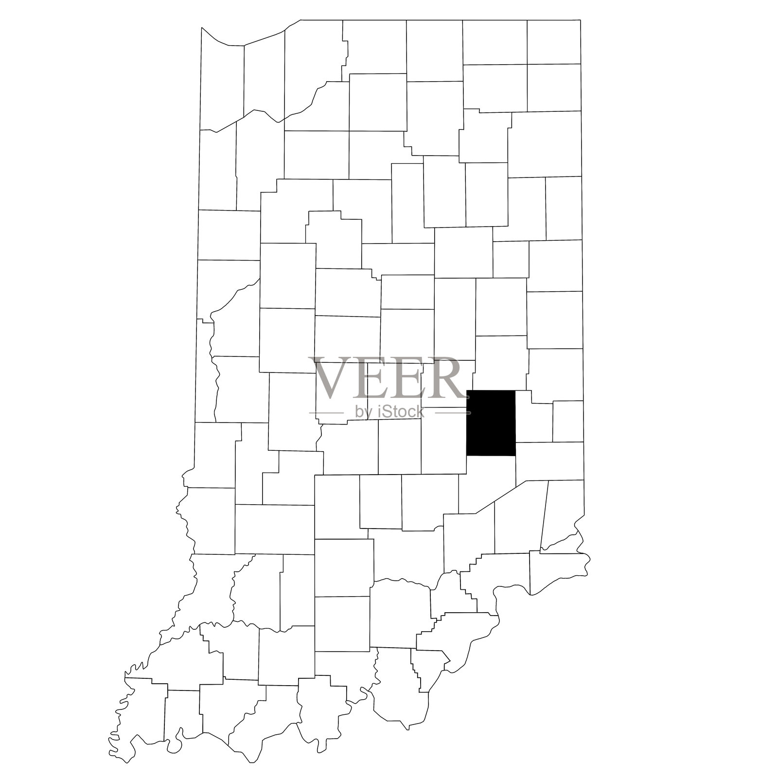 印第安纳州拉什县的地图,背景为白色。美国印第安纳州地图上以黑色突出显示了该县的地图。美国,美利坚合众国插画图片素材