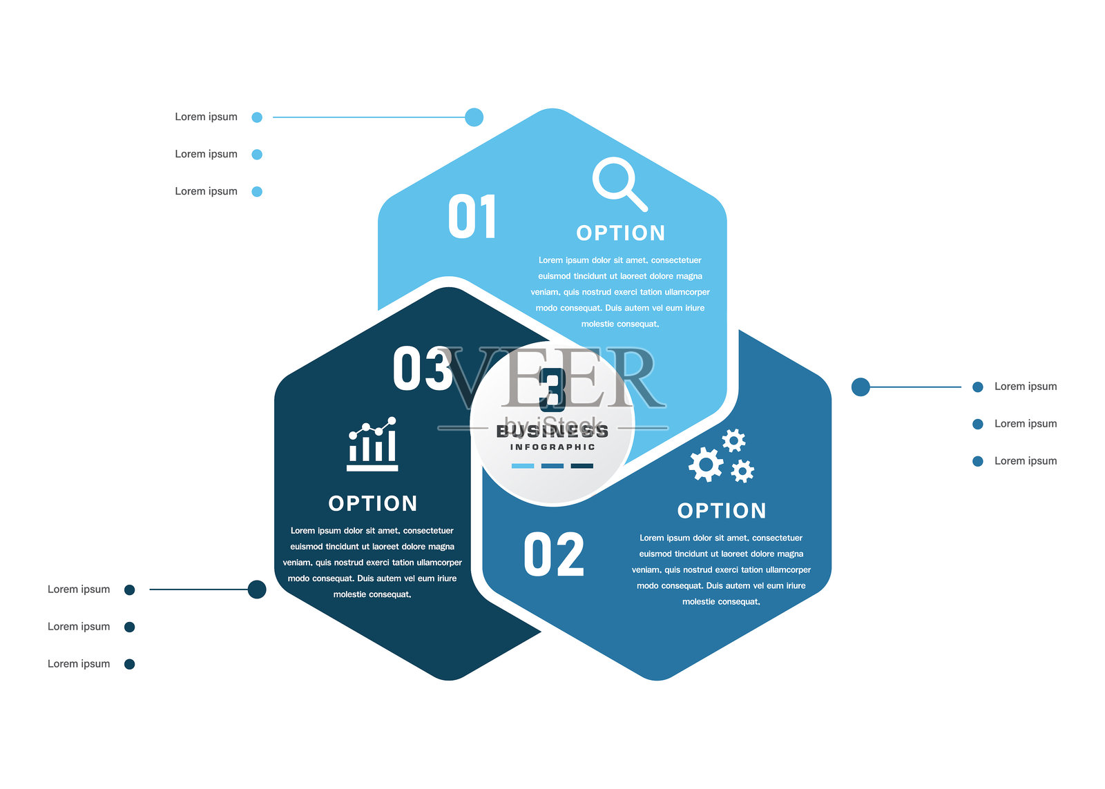 带有蓝色六边形布局的3选项商业信息图插画图片素材