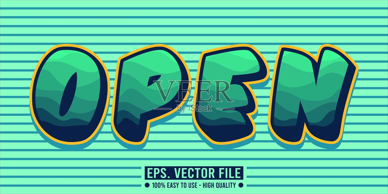 渐变着色、卡通风格的鲜绿色“OPEN”艺术字插画图片素材