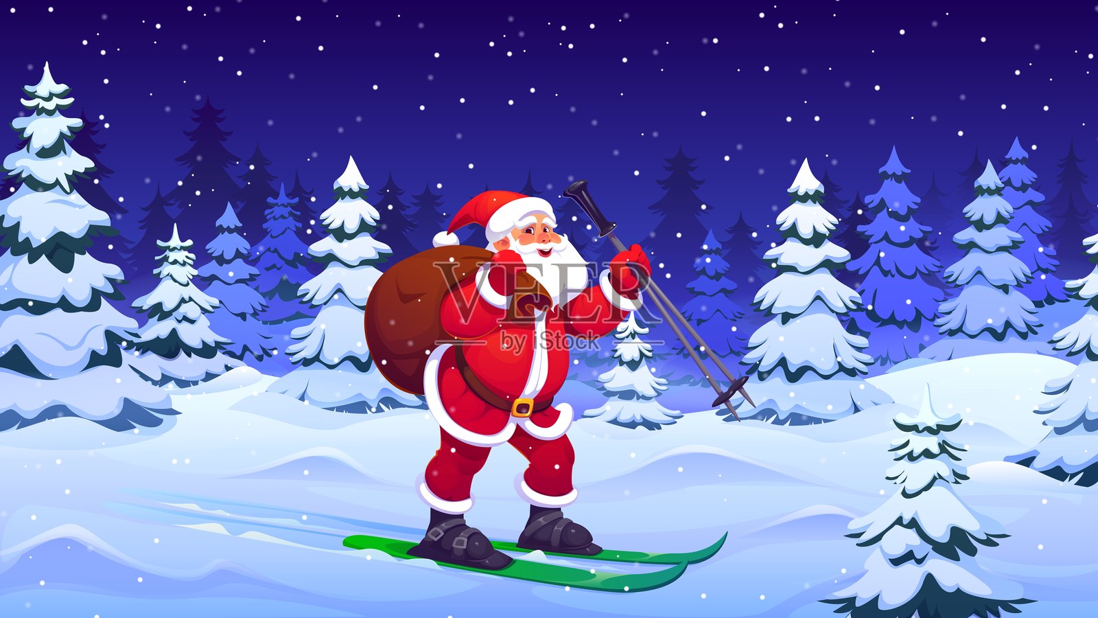 卡通圣诞老人背着礼物袋去滑雪,庆祝圣诞节插画图片素材