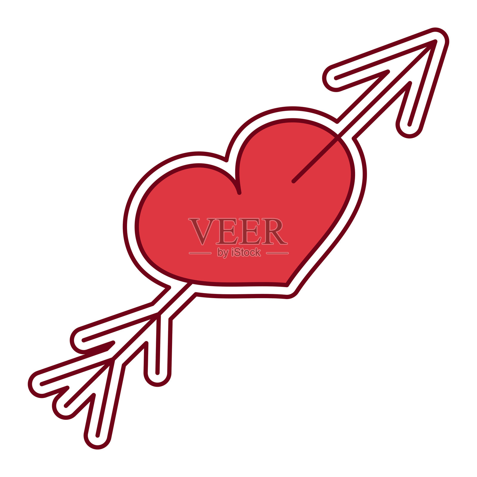 这个贴纸是一颗被箭射穿的红心,适合情人节。它是贺卡、请柬、婚礼和包装的设计元素。插画图片素材