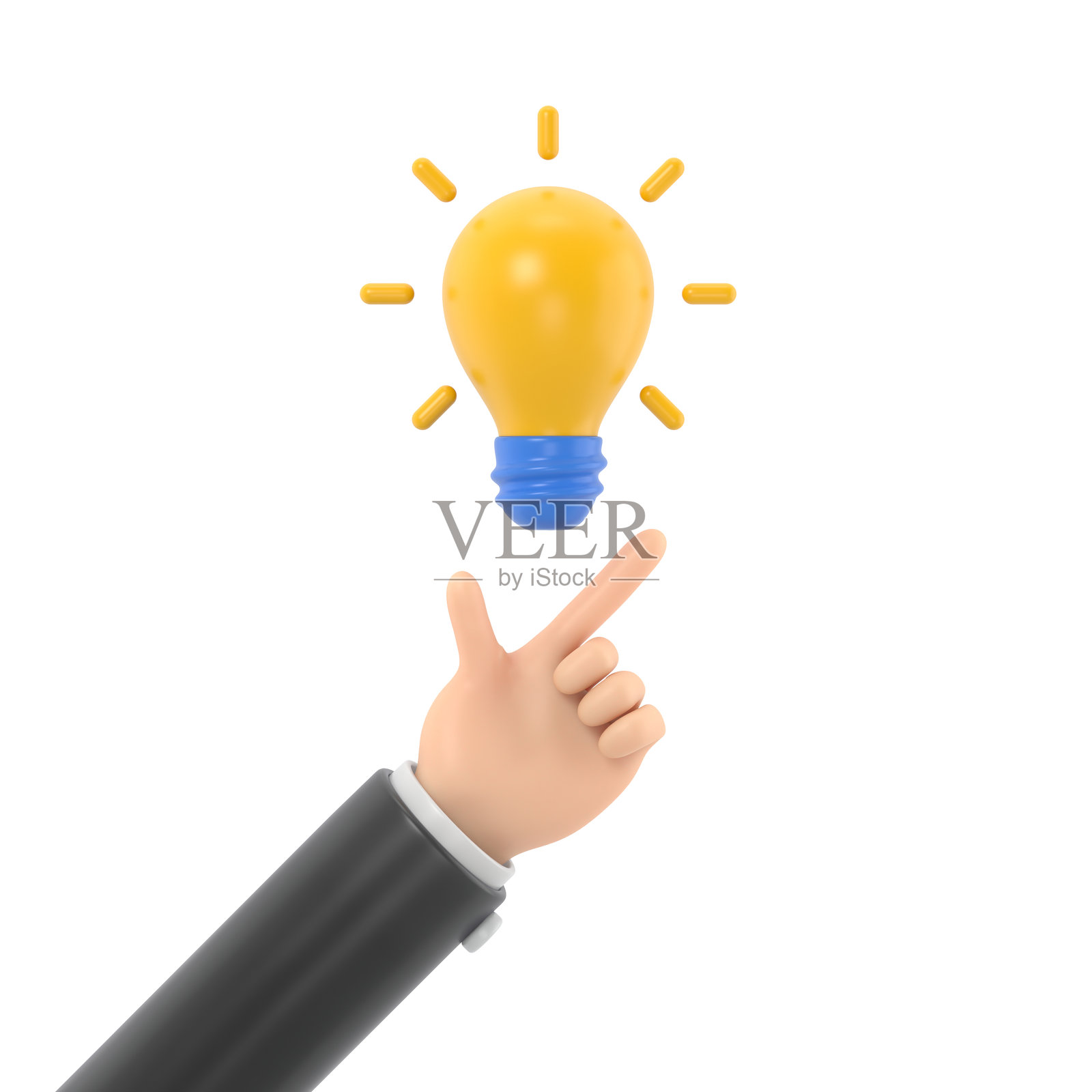 指向灯泡的手指:象征绝妙的想法、创新思维和问题解决方案。3D插图扁平设计,思考过程,点赞手势,白色背景上的3D渲染。照片摄影图片