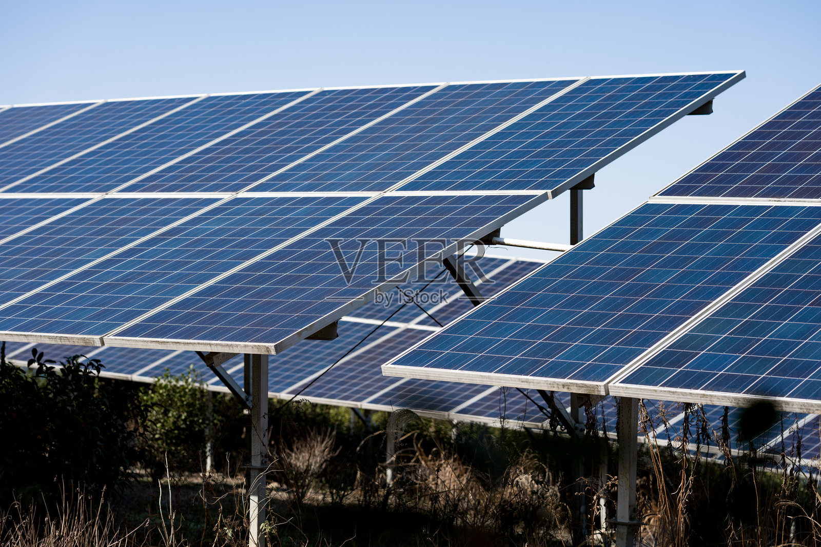 户外倾斜安装蓝色光伏电池板阵列照片摄影图片