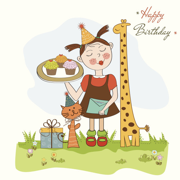 生日快乐,有有趣的女孩,动物和纸杯蛋糕图片 生日快乐,有有趣的女孩,动物和纸杯蛋糕图片下载