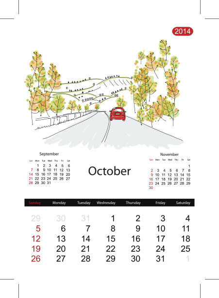 日历2014年10月。城市的街道,素描图片 日历2014年10月。城市的街道,素描图片下载