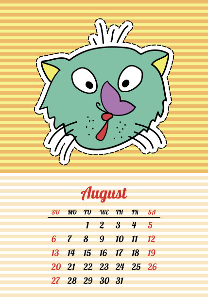 日历2017与猫。8月。八九十年代的卡通漫画图片 日历2017与猫。8月。八九十年代的卡通漫画图片下载
