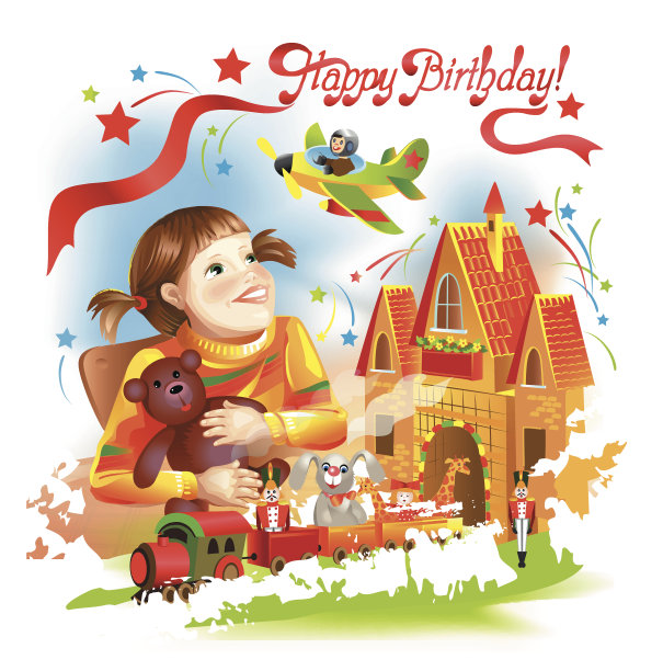 卡生日快乐!。女孩和她的玩具。图片 卡生日快乐!。女孩和她的玩具。图片下载