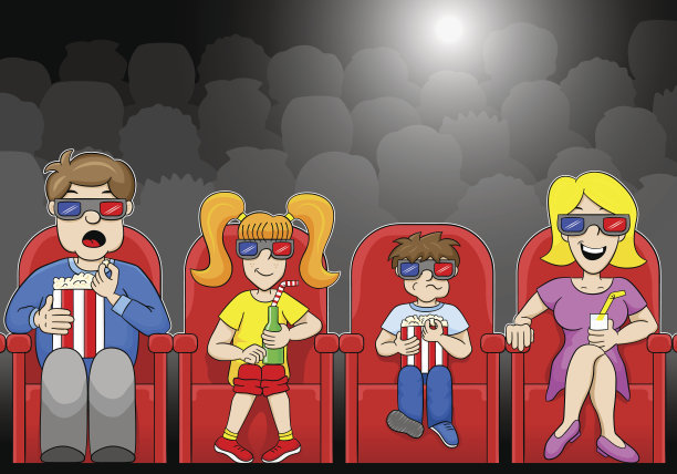一个小家庭在电影院看3D电影图片 一个小家庭在电影院看3D电影图片下载