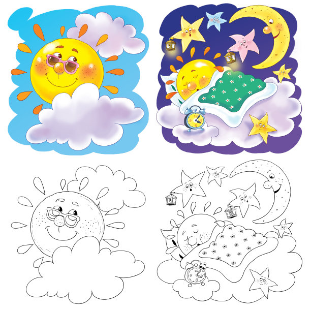 两张可爱的太阳的照片。对儿童插图。着色页面。有趣的卡通人物图片 两张可爱的太阳的照片。对儿童插图。着色页面。有趣的卡通人物图片下载
