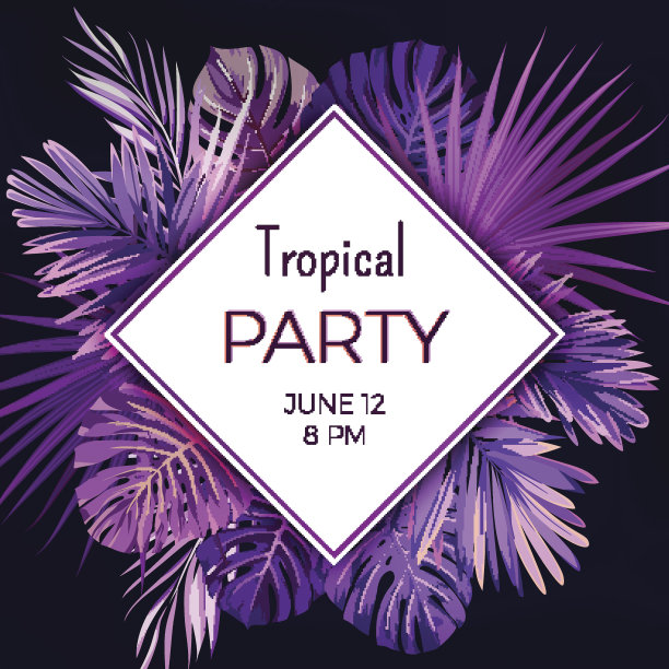 紫色霓虹矢量花横幅模板夏季海滩派对。具有异国棕榈叶和植物的热带飞禽图片 紫色霓虹矢量花横幅模板夏季海滩派对。具有异国棕榈叶和植物的热带飞禽图片下载