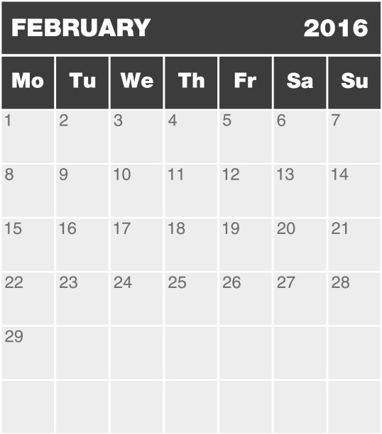 月计划日历- 2016年2月图片 月计划日历- 2016年2月图片下载