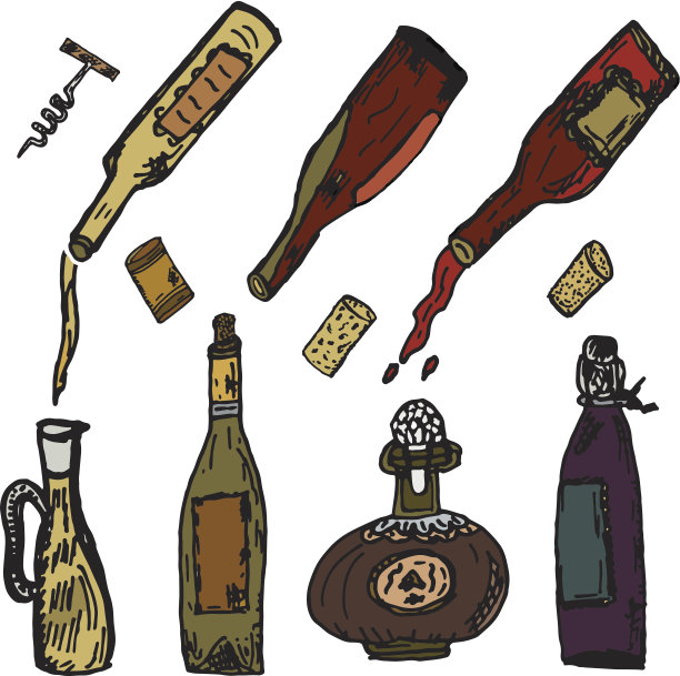 手绘葡萄酒元素瓶设置与软木塞素描风格图片 手绘葡萄酒元素瓶设置与软木塞素描风格图片下载
