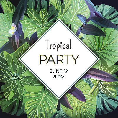 绿色植物夏季热带设计棕榈叶和异国情调的紫色花朵。向量的模板图片 绿色植物夏季热带设计棕榈叶和异国情调的紫色花朵。向量的模板图片下载