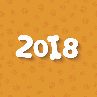 新年快乐。2018年是黄土狗。卡通人物。白色的骨头。一个黄色的狗的足迹图案。日历的封面。矢量插图在一个平坦的风格图片 新年快乐。2018年是黄土狗。卡通人物。白色的骨头。一个黄色的狗的足迹图案。日历的封面。矢量插图在一个平坦的风格图片下载