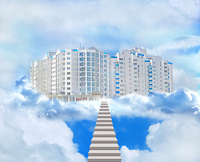 多层的现代住宅,在云中有领先的楼梯图片 多层的现代住宅,在云中有领先的楼梯图片下载