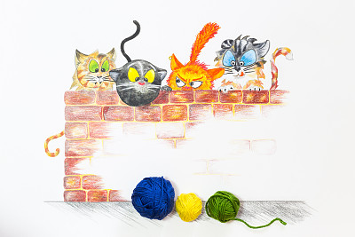 插图与一组可爱的猫和彩色羊毛球图片 插图与一组可爱的猫和彩色羊毛球图片下载
