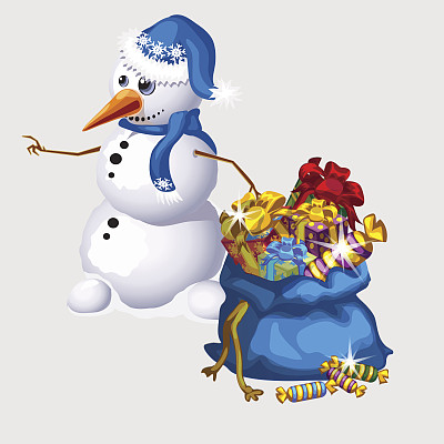 雪人和一个大的蓝色袋子的糖果和礼物图片 雪人和一个大的蓝色袋子的糖果和礼物图片下载