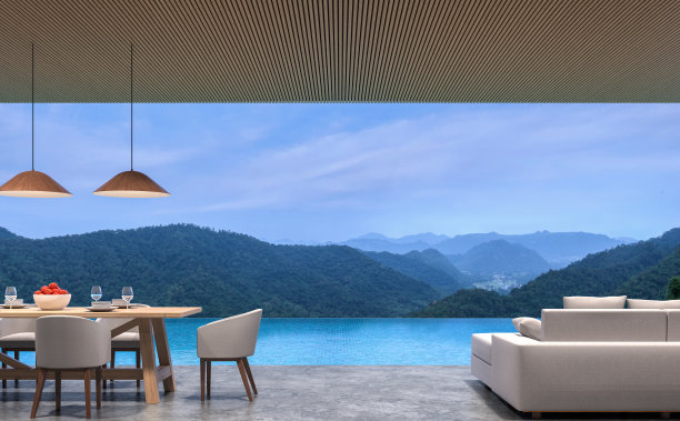 阁楼风格的游泳池别墅客厅和餐厅与山景3d渲染图像图片 阁楼风格的游泳池别墅客厅和餐厅与山景3d渲染图像图片下载