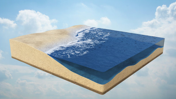 一个有海水的海滩区域的横截面,海滩立方体概念与大海和沙子在一个美丽的蓝天与云(3d插图)图片 一个有海水的海滩区域的横截面,海滩立方体概念与大海和沙子在一个美丽的蓝天与云(3d插图)图片下载