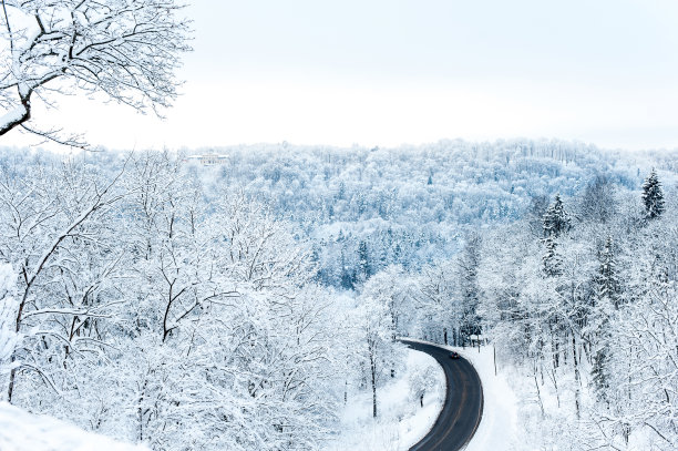 景色与冬天的道路和雪山上冻结的林地图片 景色与冬天的道路和雪山上冻结的林地图片下载