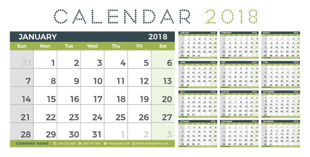 日历计划2018年。简单的最小墙型日历模板。一周从周日开始图片 日历计划2018年。简单的最小墙型日历模板。一周从周日开始图片下载