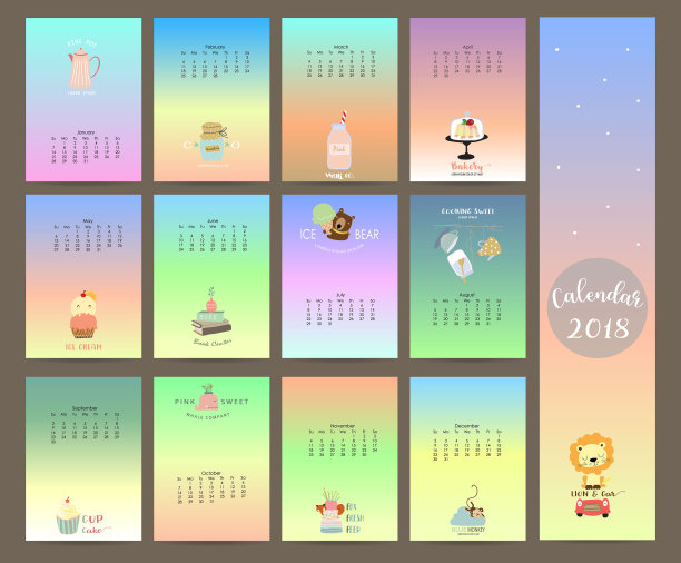 彩色渐变月历2018有熊、冰淇淋、狐狸、猴子、狮子和纸杯蛋糕。可用于网页,横幅,海报,标签和打印图片 彩色渐变月历2018有熊、冰淇淋、狐狸、猴子、狮子和纸杯蛋糕。可用于网页,横幅,海报,标签和打印图片下载
