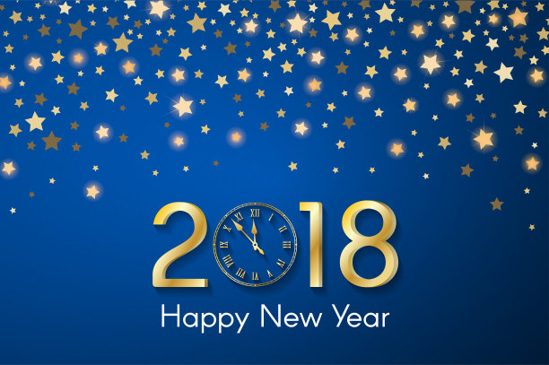 2018年的金色新年概念在蓝色模糊的星光背景。带有金色数字和老式时钟的贺卡图片 2018年的金色新年概念在蓝色模糊的星光背景。带有金色数字和老式时钟的贺卡图片下载