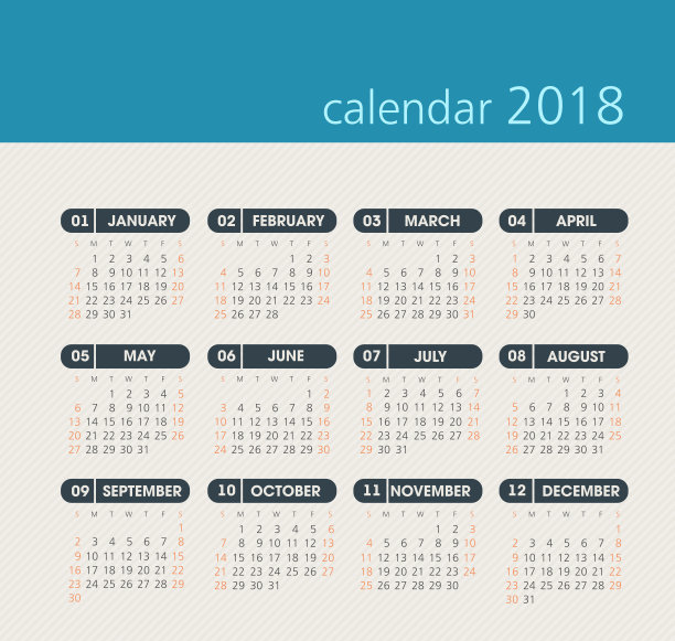 日历2018年。周日开始一周图片 日历2018年。周日开始一周图片下载